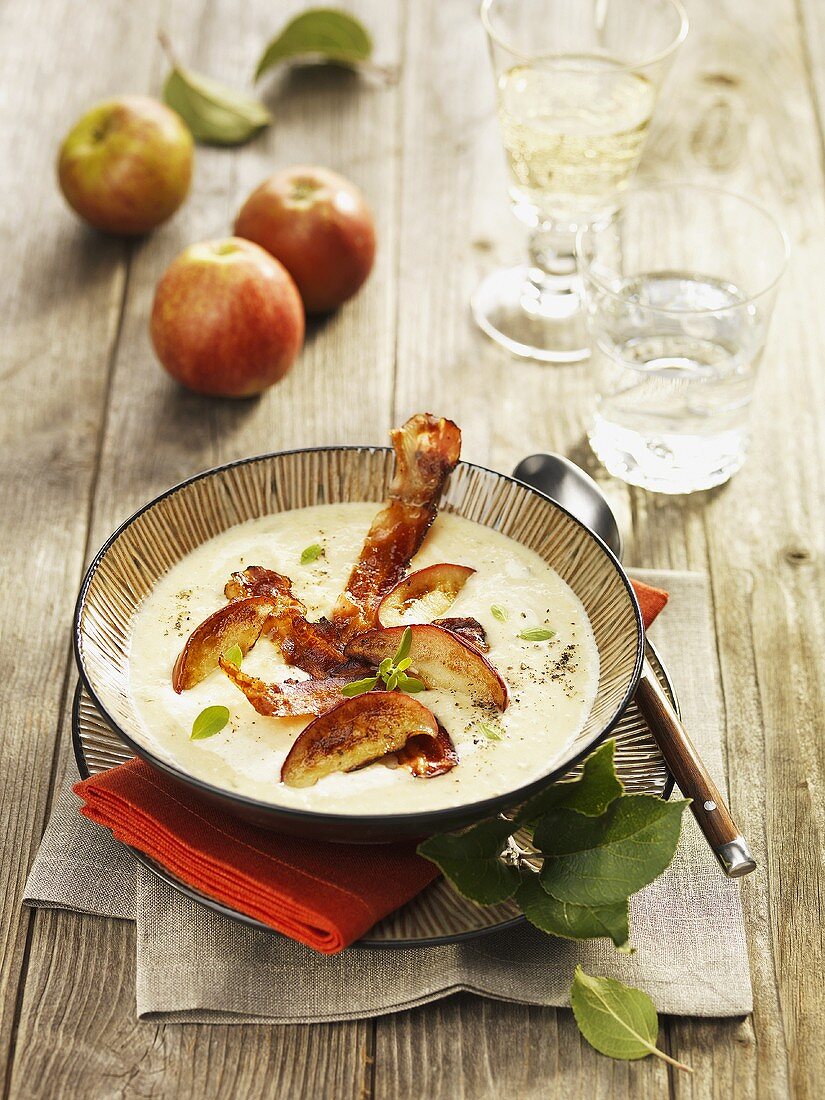 Savoury apple soup with bacon and marjoram