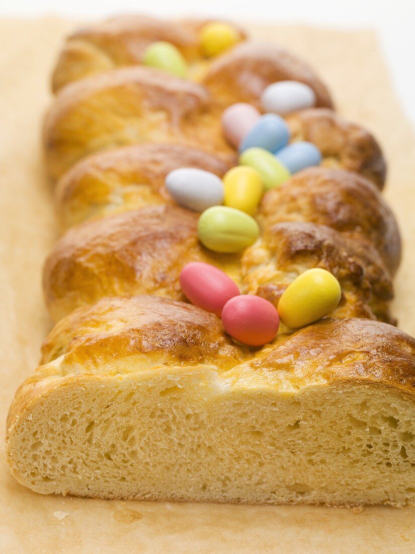 Bread plait with coloured sugar eggs