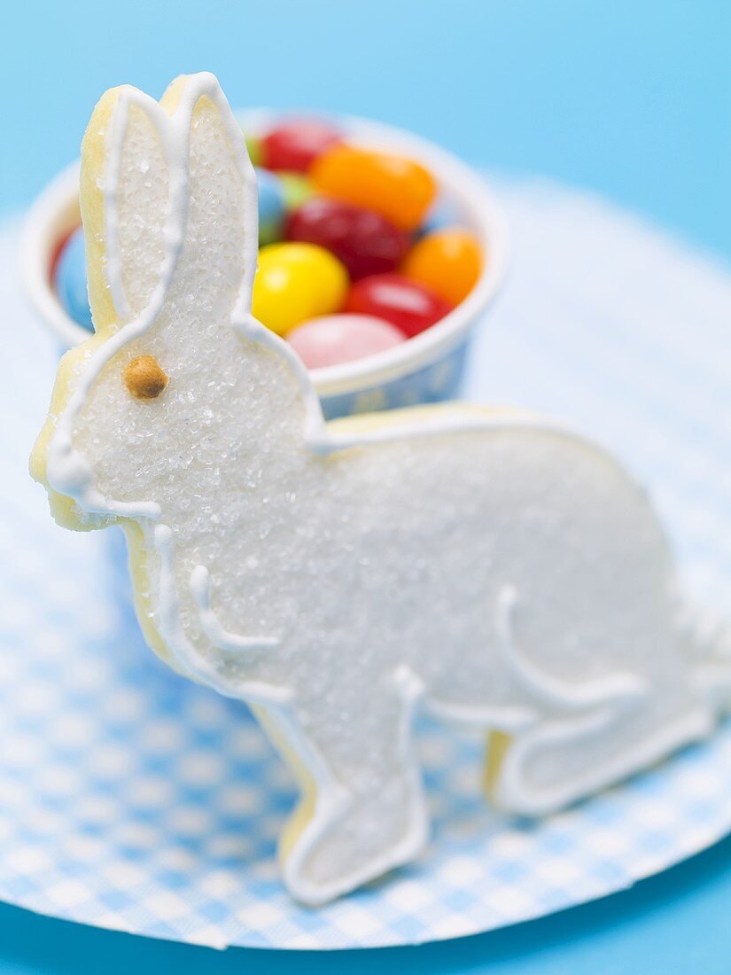Jelly beans and white Easter Bunny biscuit