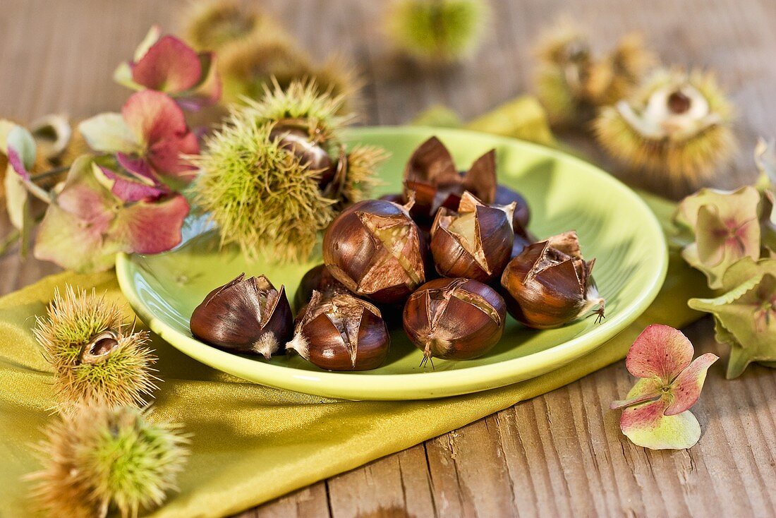 Hot chestnuts on a plate