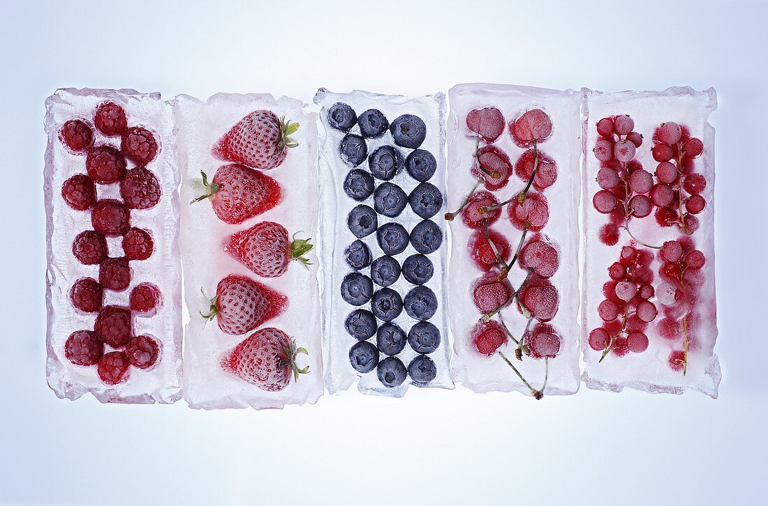 Fruit frozen in blocks of ice