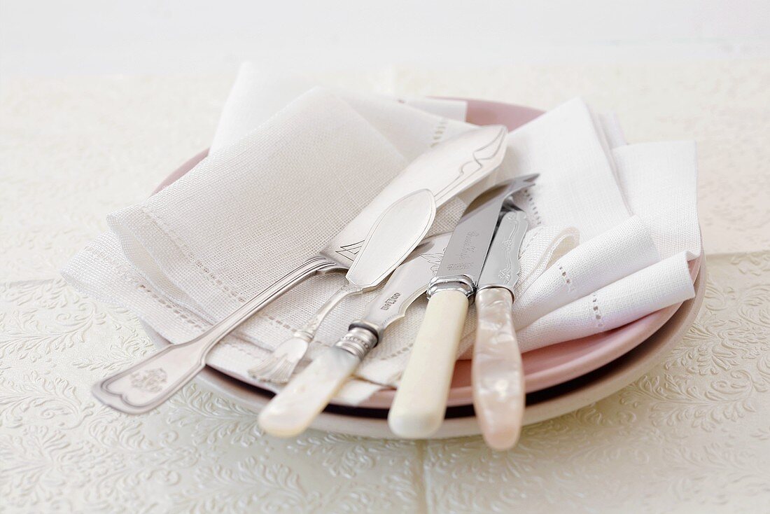 Two plates with fabric napkins and assorted knives