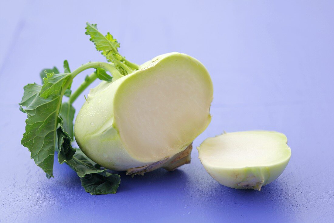 Kohlrabi with leaves, a piece cut off