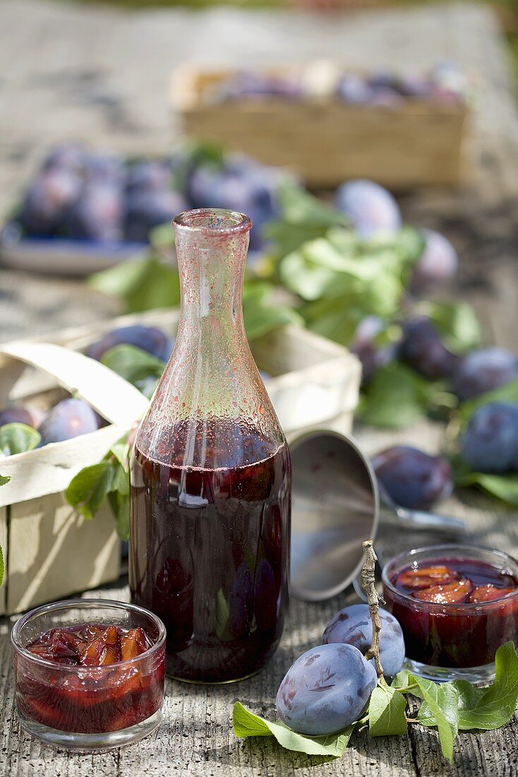 Plum juice in a bottle