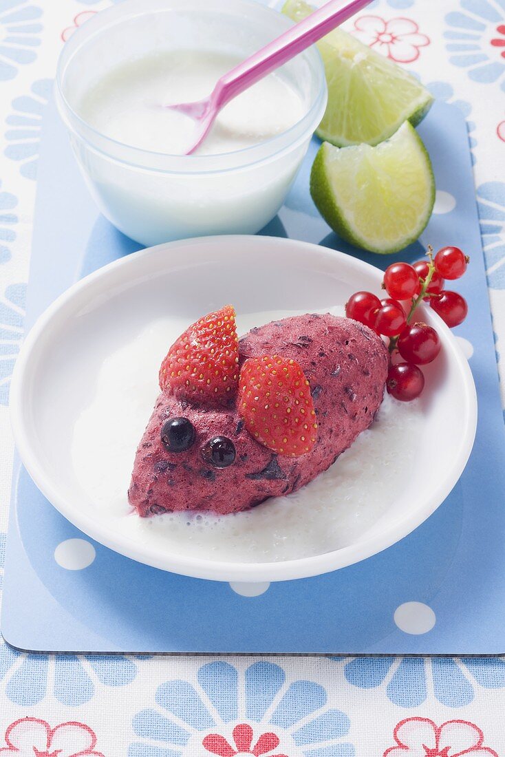 Berry ice cream with lime yoghurt foam