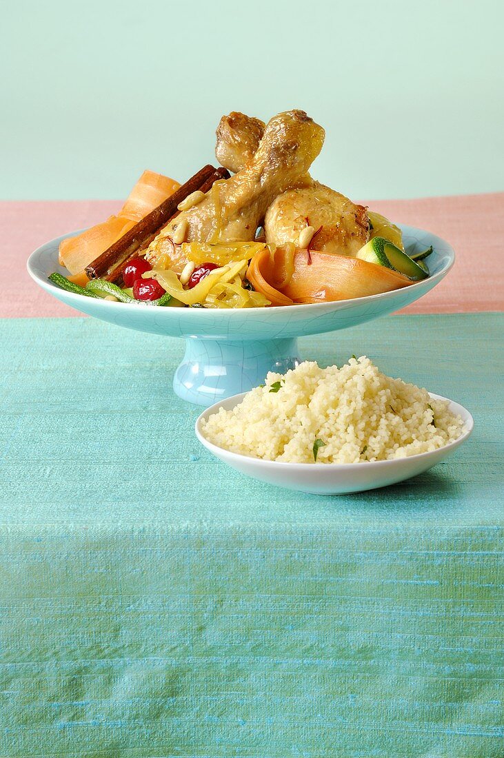 Chicken legs with Middle Eastern style vegetables, couscous