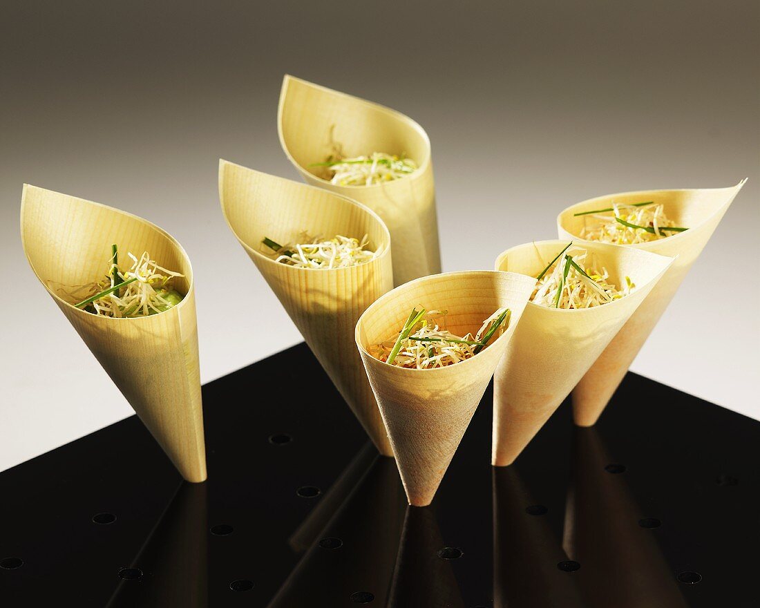 Paper cones filled with sprout salad