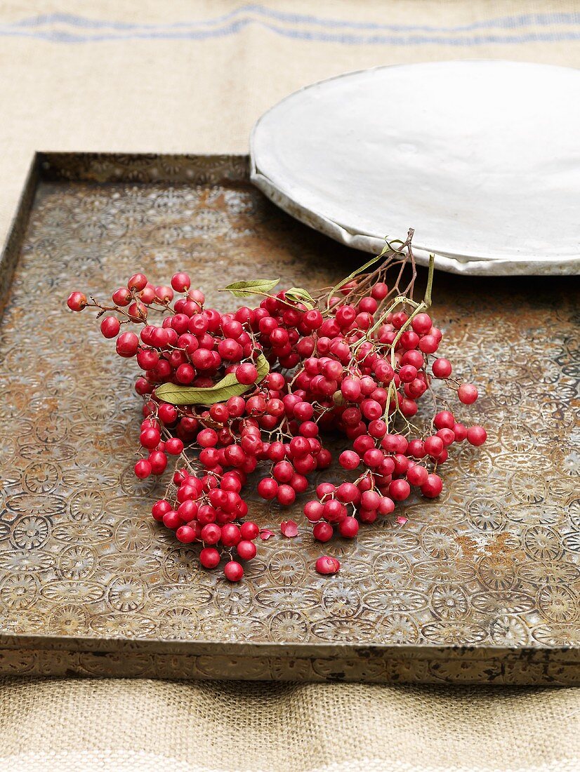 Pink peppercorns on tray