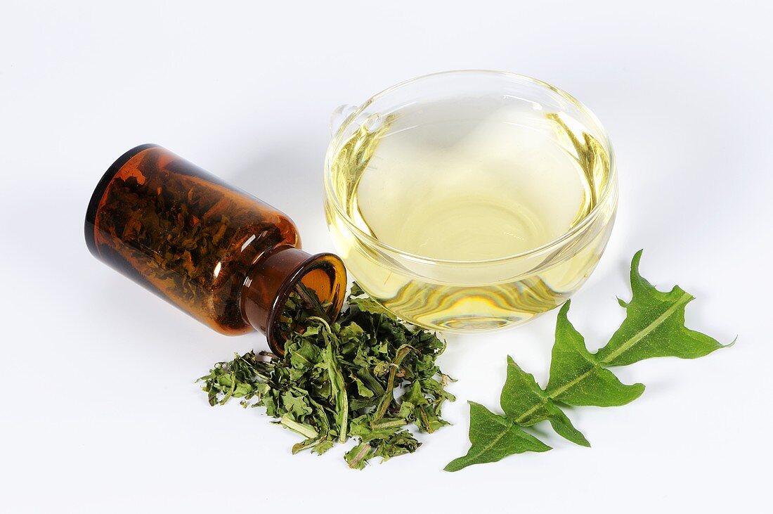 Dandelion tea with fresh and dried leaves