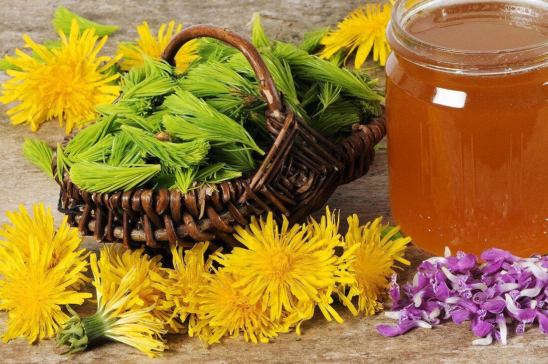 Ein Glas Honig mit Fichtenspitzen und verschiedenen Blüten