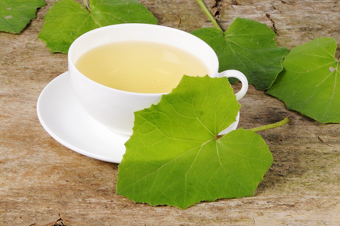 A cup of tea with coltsfoot leaves