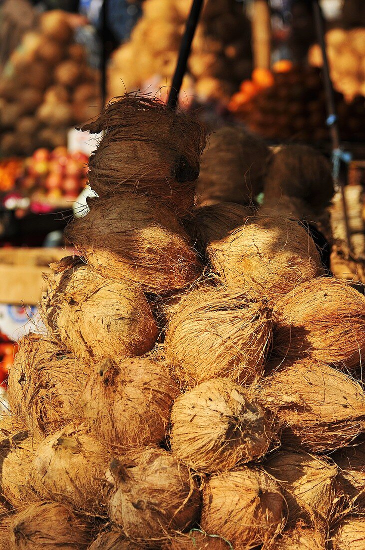 Ein Haufen Kokosnüsse auf einem Markt in Burma