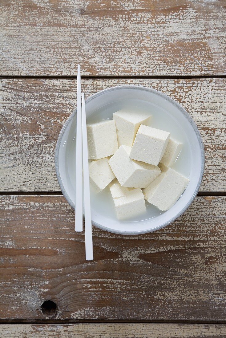 Diced tofu in a bowl