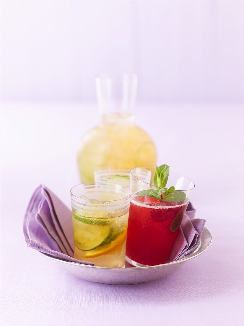Different teas: Ginger tea with cucumber and orange, Raspberry mint tea
