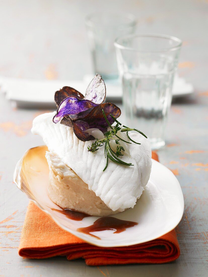 Turbot with a port reduction and purple potato crisps