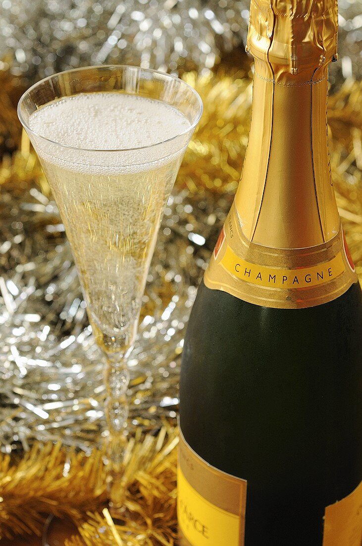 Champagner in Glas und Flasche zu Weihnachten