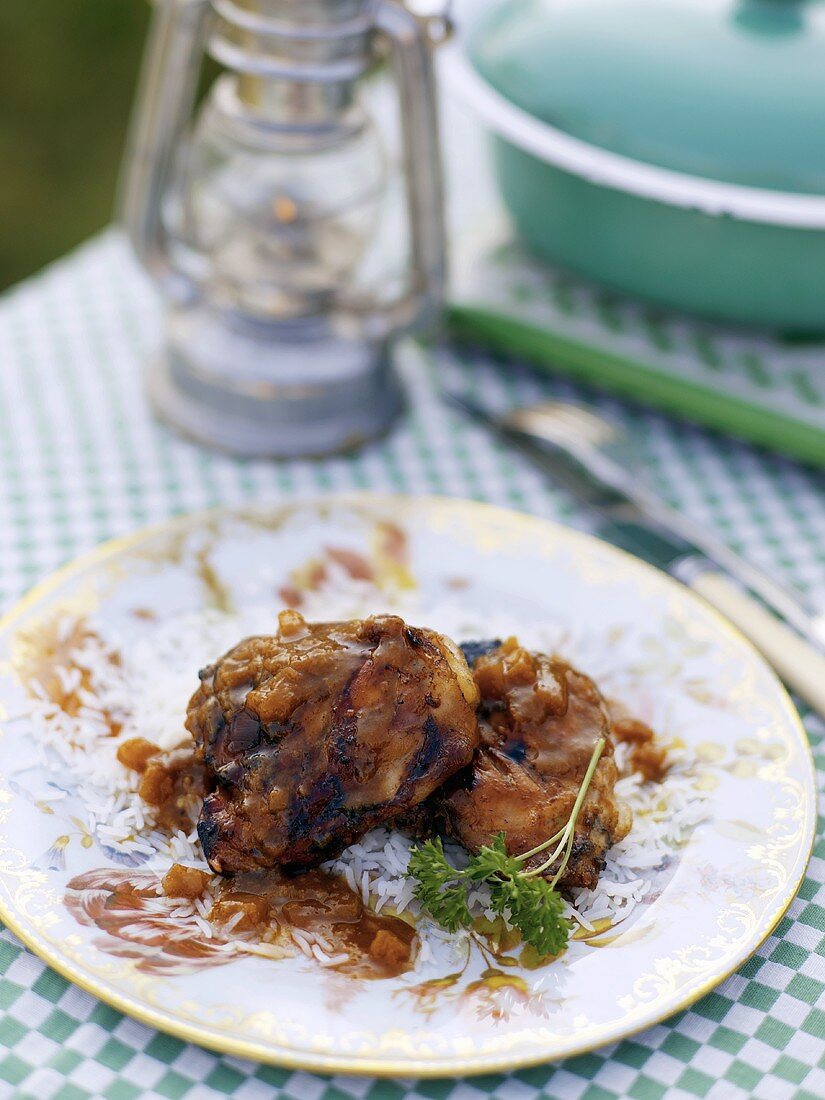 Chicken pieces with apricots on rice