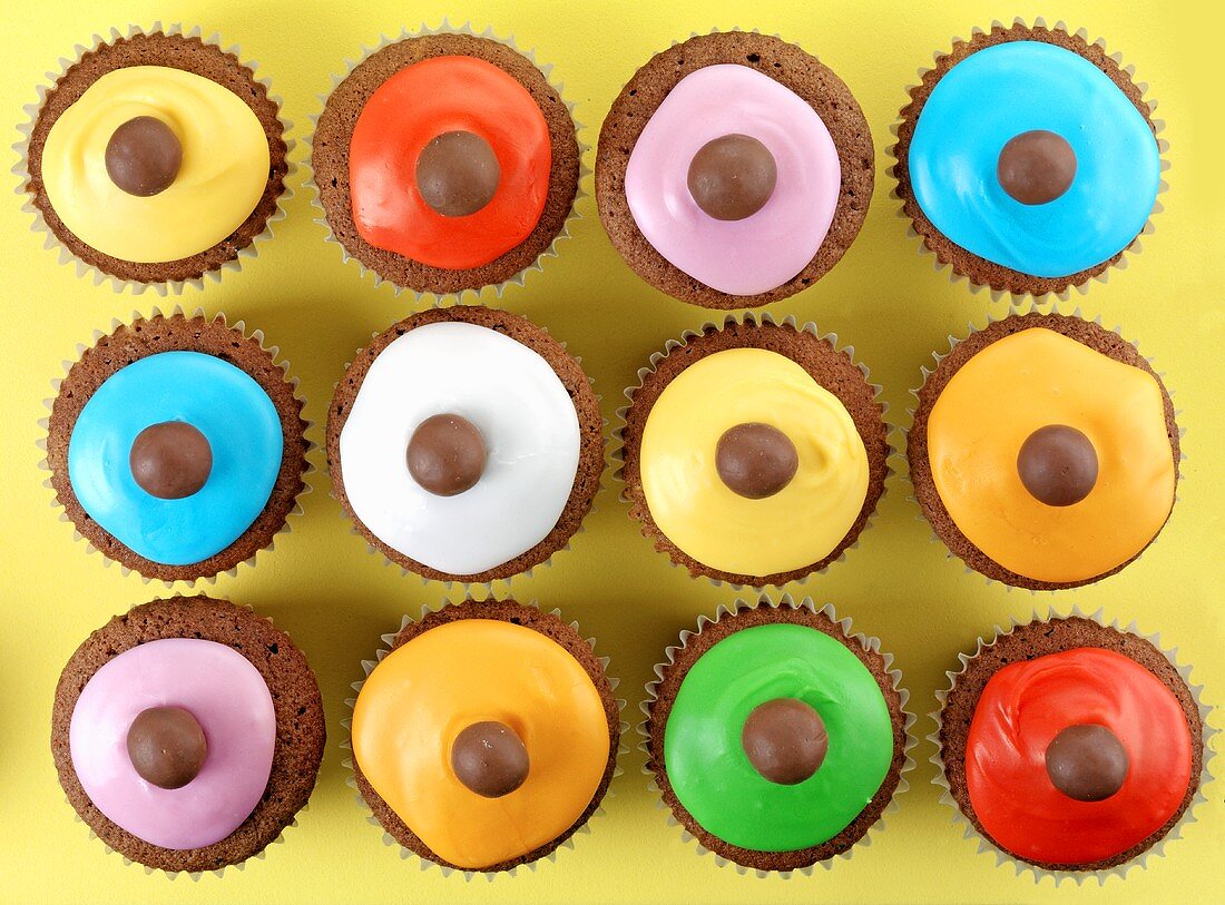 Zwölf Schoko-Cupcakes mit bunter Zuckerglasur