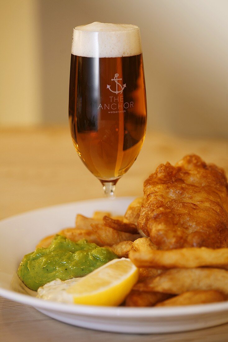 Pale ale with fish, chips and mushy peas
