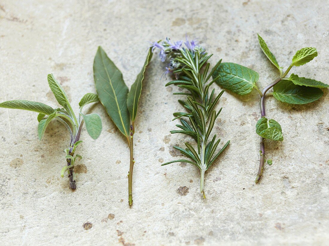 Sage, bay leaves, rosemary, mint