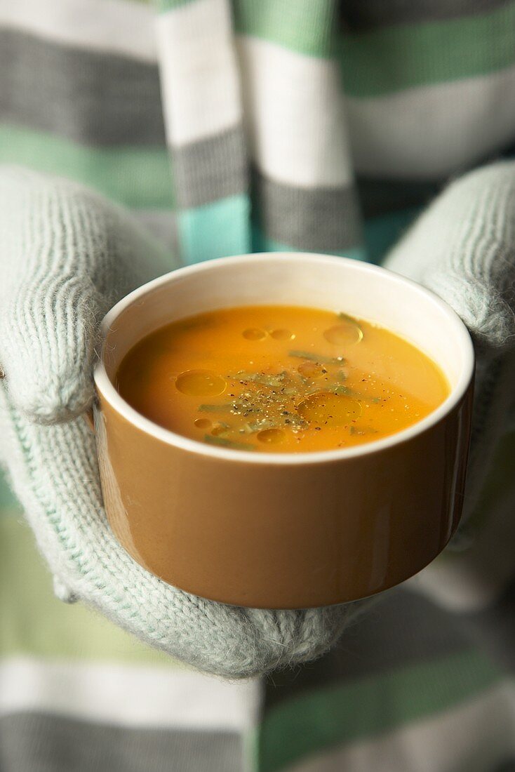 Hände halten eine Schale Kürbissuppe