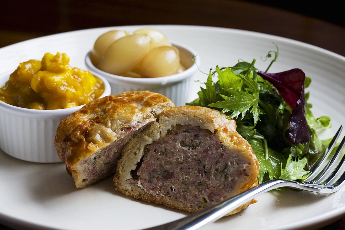 Pork pie with piccalilli and pickled onions