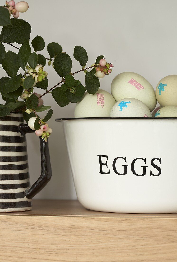 Fresh eggs in a bowl, greenery in jug