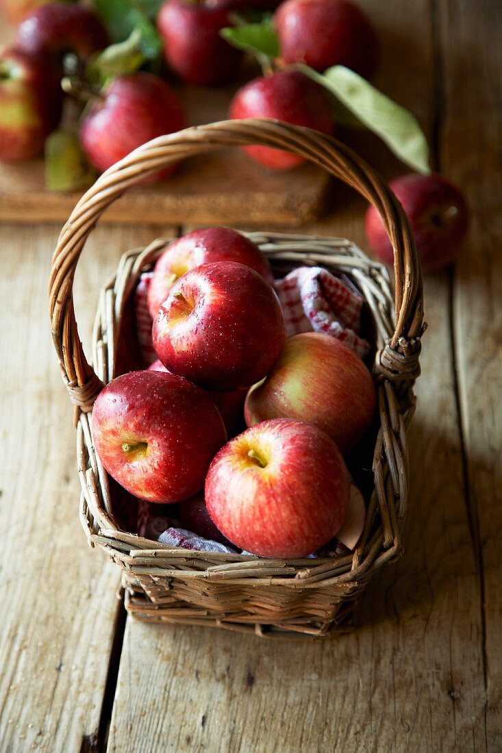 Freshly picked red apples in a wicker basket