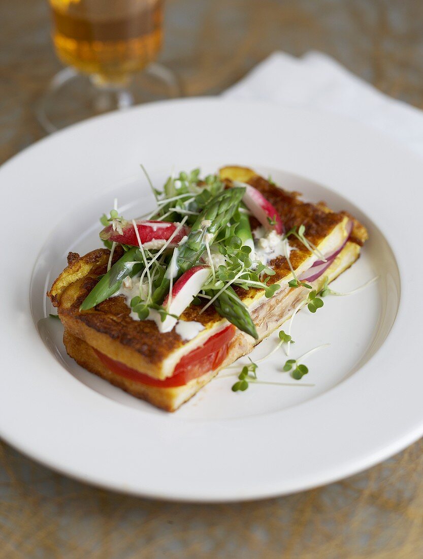 Filled French toast with asparagus and radishes