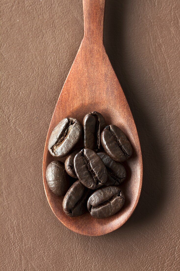 Coffee beans on wooden spoon