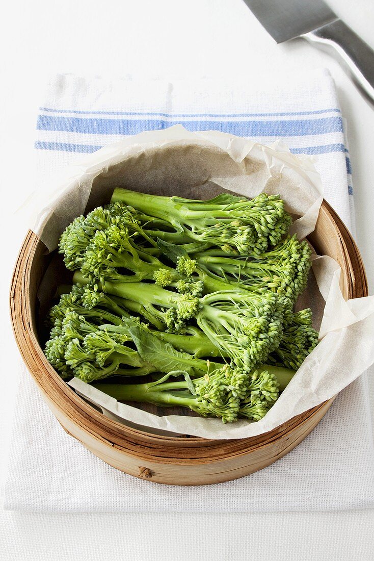 Broccoli in a bamboo steamer