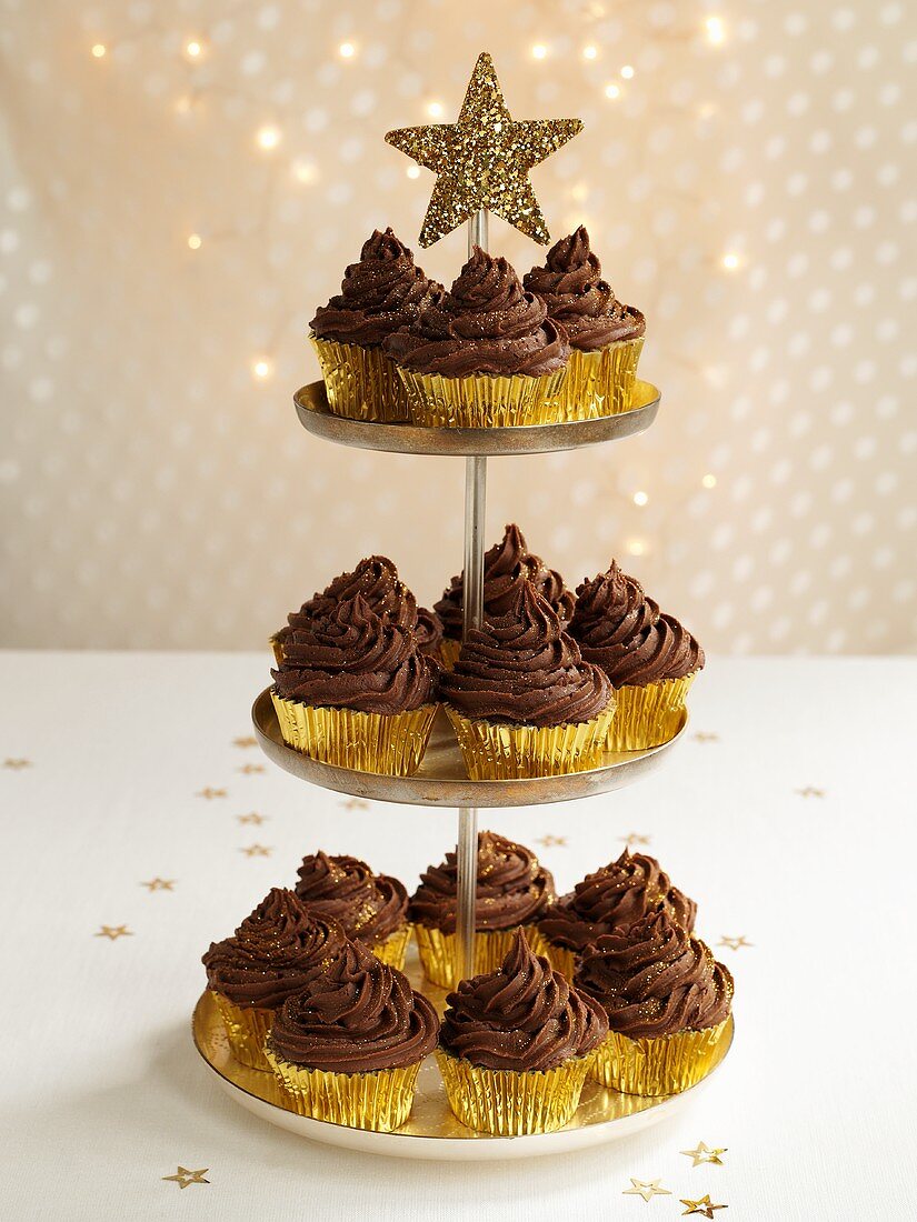 Chocolate cupcakes on tiered stand (Christmas)