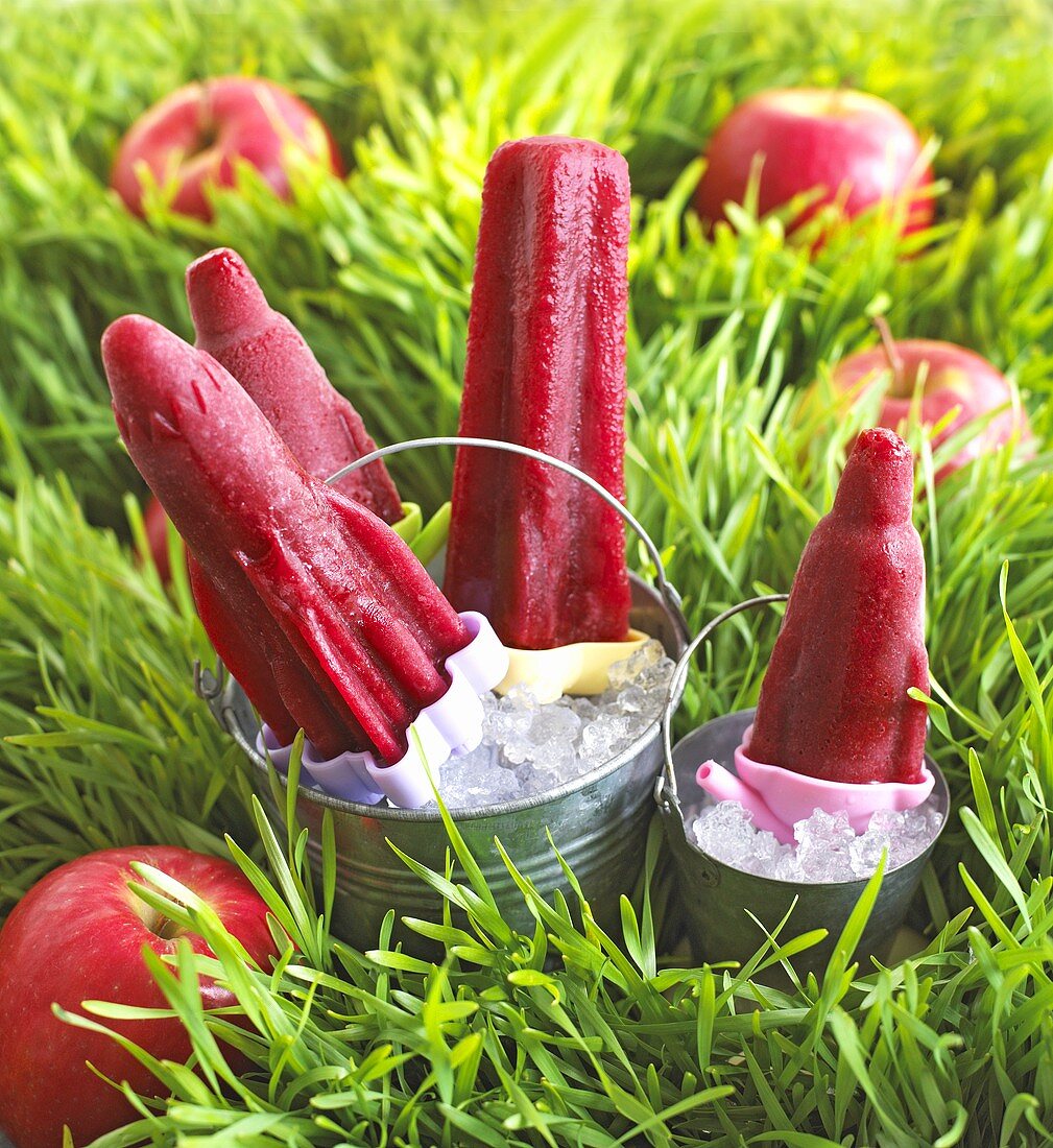 Home-made apple and blackberry ice lollies