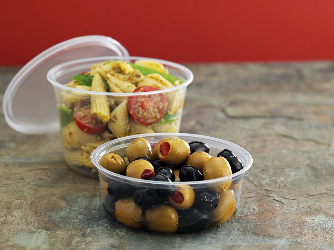 Pasta salad and marinated olives to take away