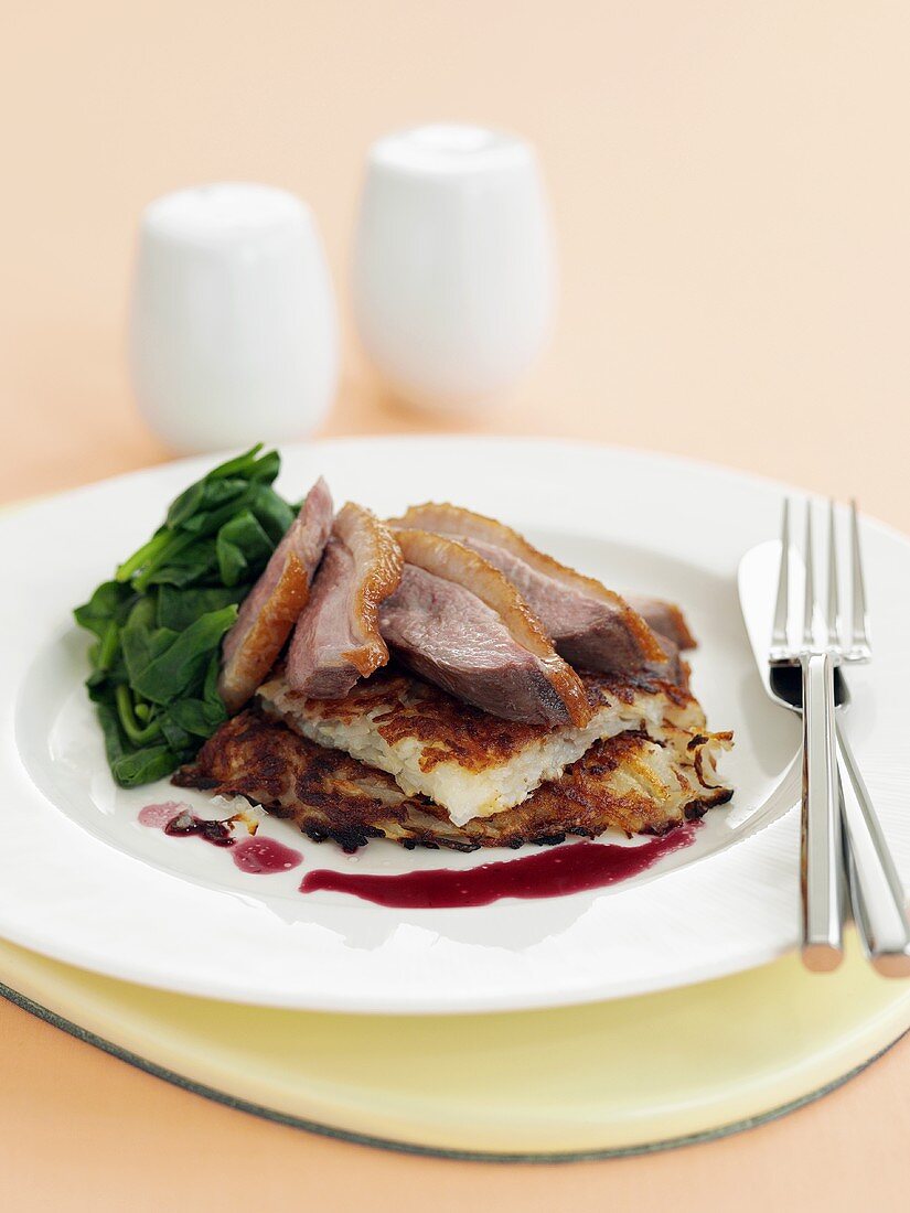 Duck breast on rösti with spinach
