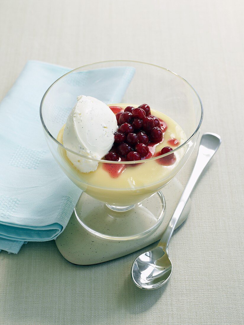 Vanilla blancmange with ice cream and cranberries
