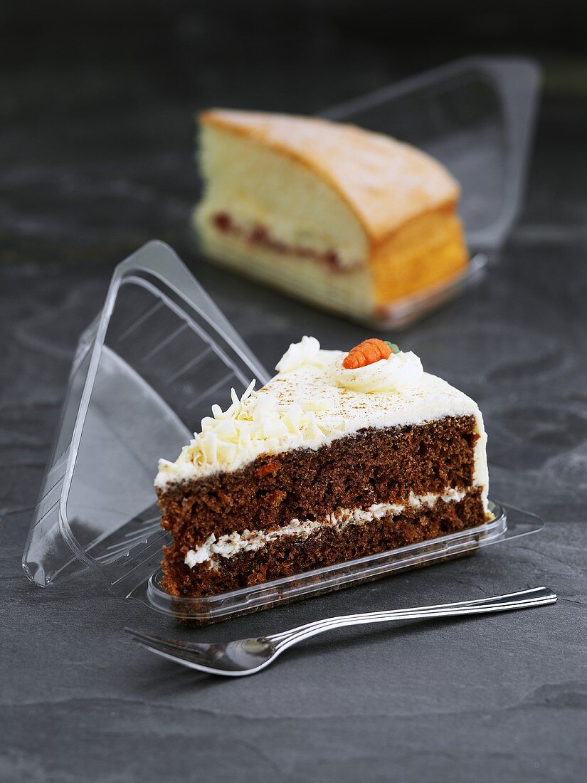 Pieces of cake in plastic packaging to take away