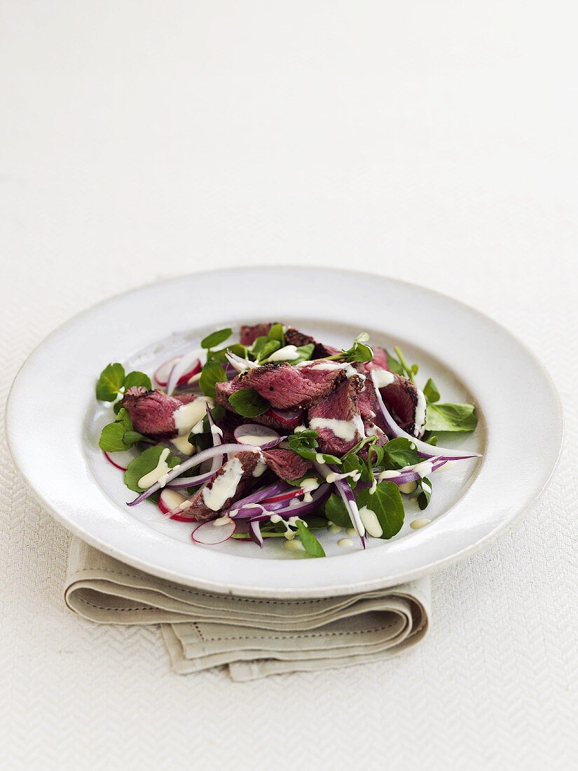 Warm beef salad with onions and radishes