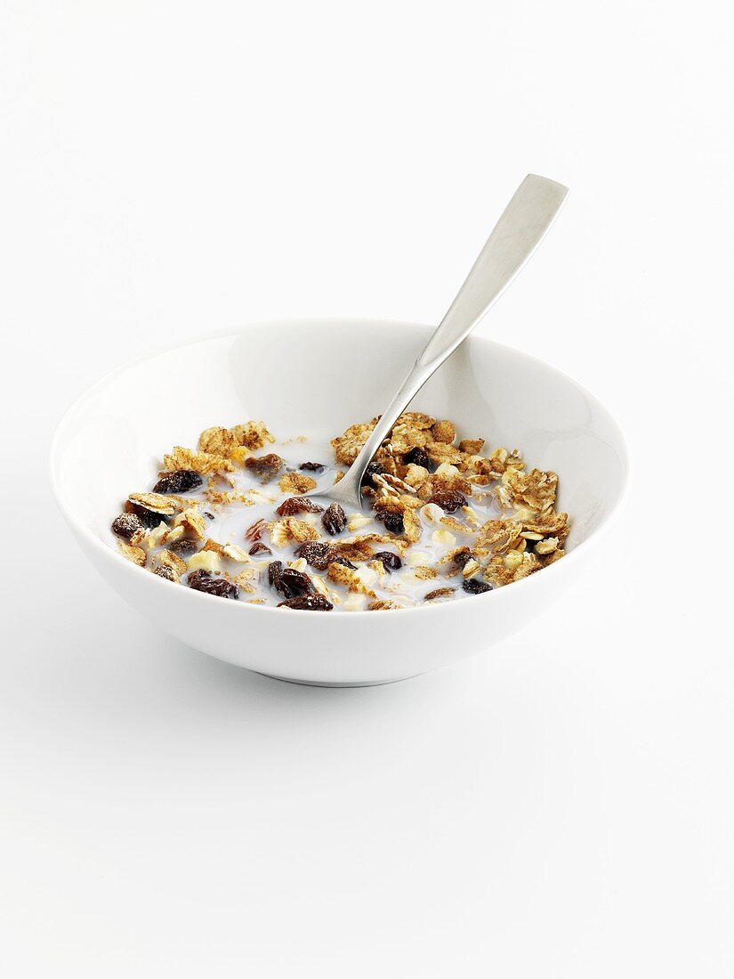 Bowl of muesli with milk and spoon