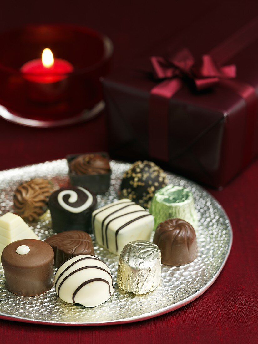 Belgium chocolates on a silver plate (Christmas)