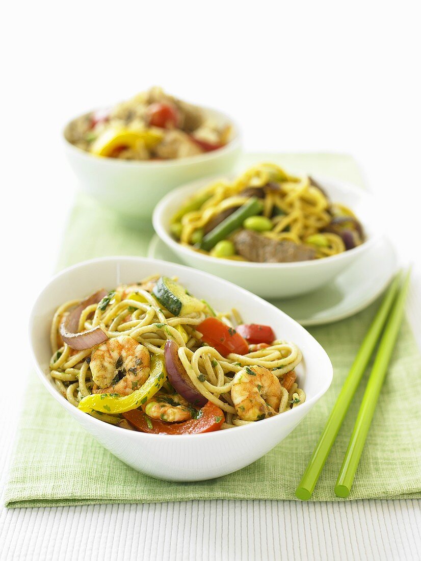 Different Asian noodle dishes