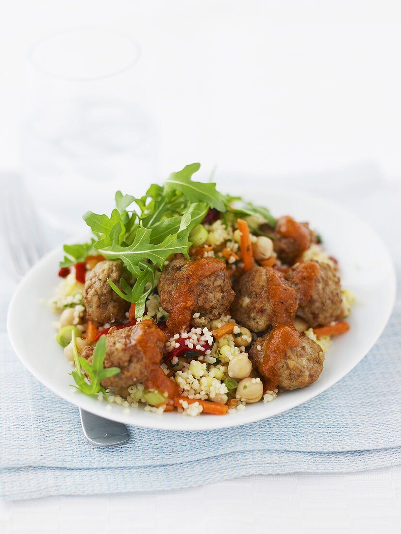 Couscous-Salat mit Kichererbsen und Fleischbällchen