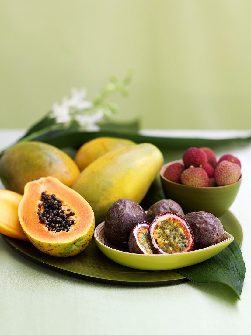 Different fresh exotic fruits