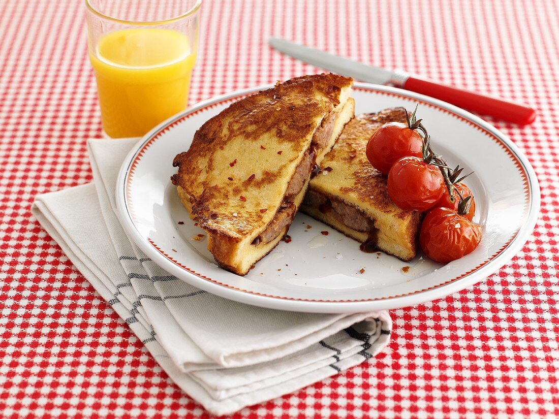 French toast with sausage and cherry tomatoes, orange juice