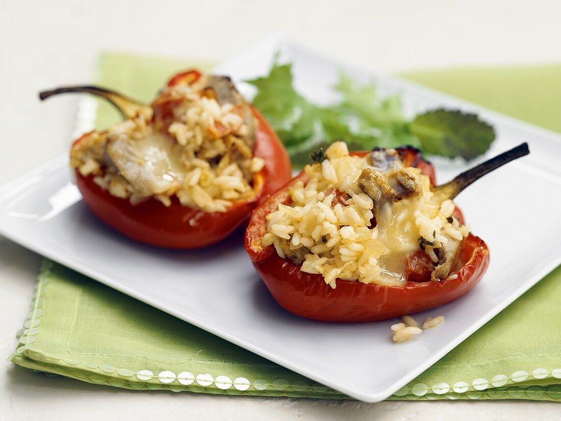 Red peppers stuffed with rice and cheese