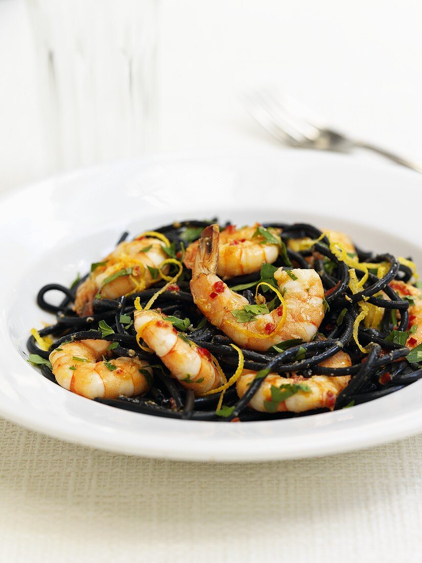 Squid spaghetti with king prawns