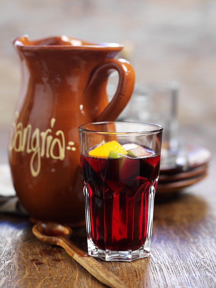 Sangria in a glass and stoneware jug (Spain)