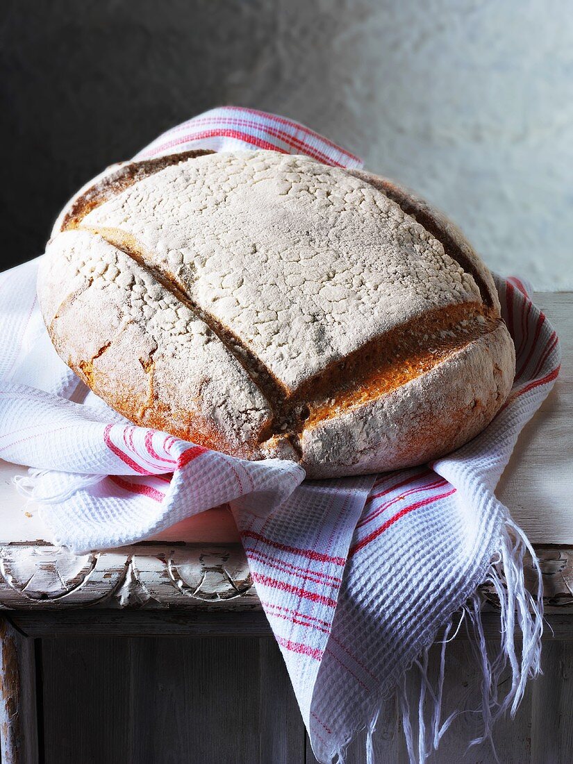 Swiss crusty bread on a kitchen towel