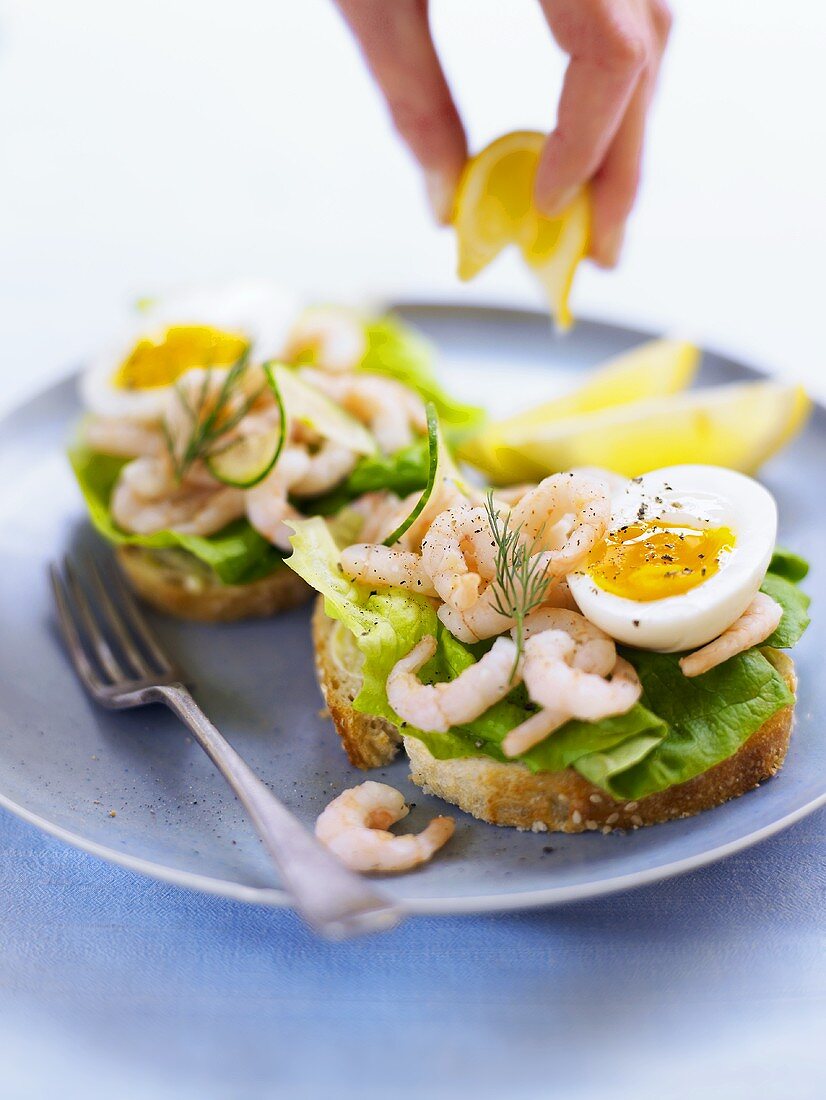 Bread roll with prawns and egg