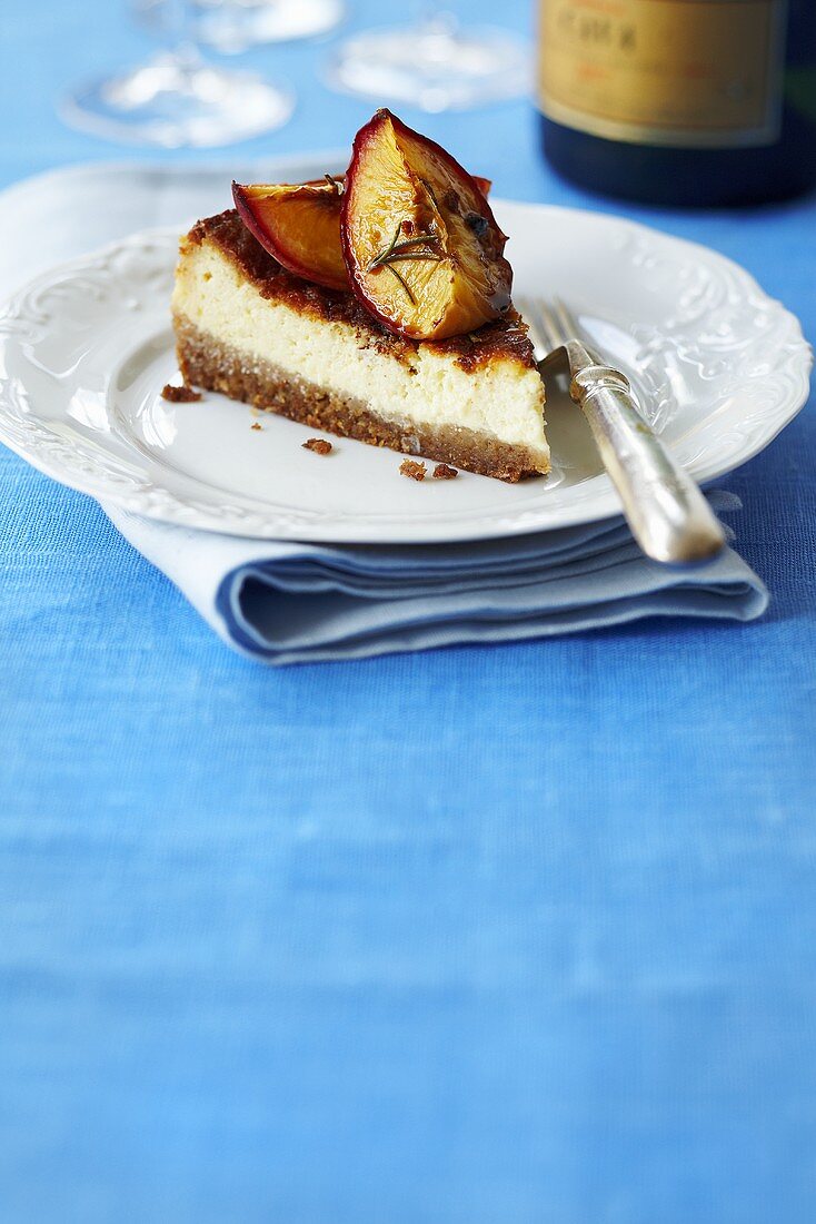 Ricotta cake with fried peaches and rosemary